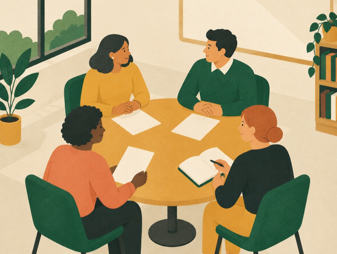 Four adults meeting around a small table with papers