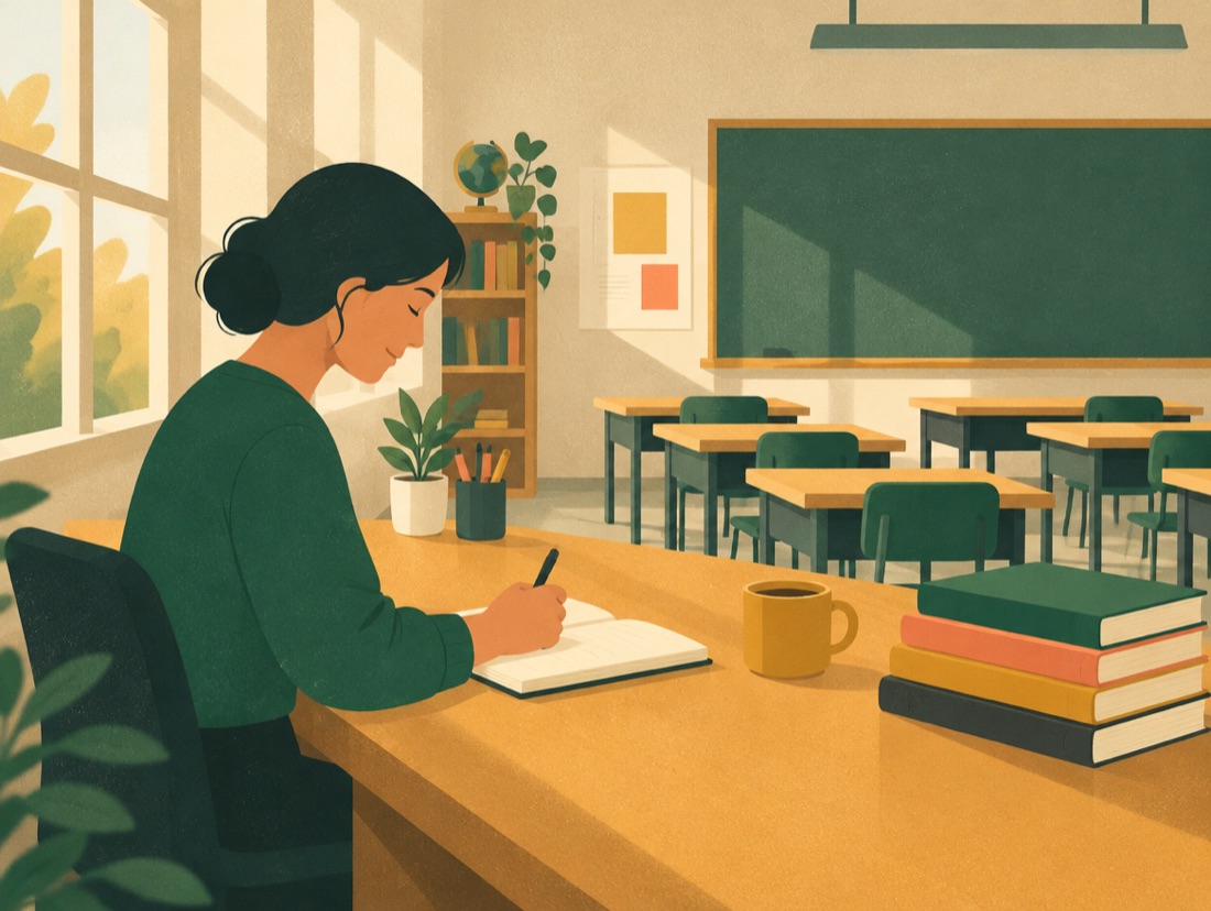 A teacher writing in a notebook at her desk after school